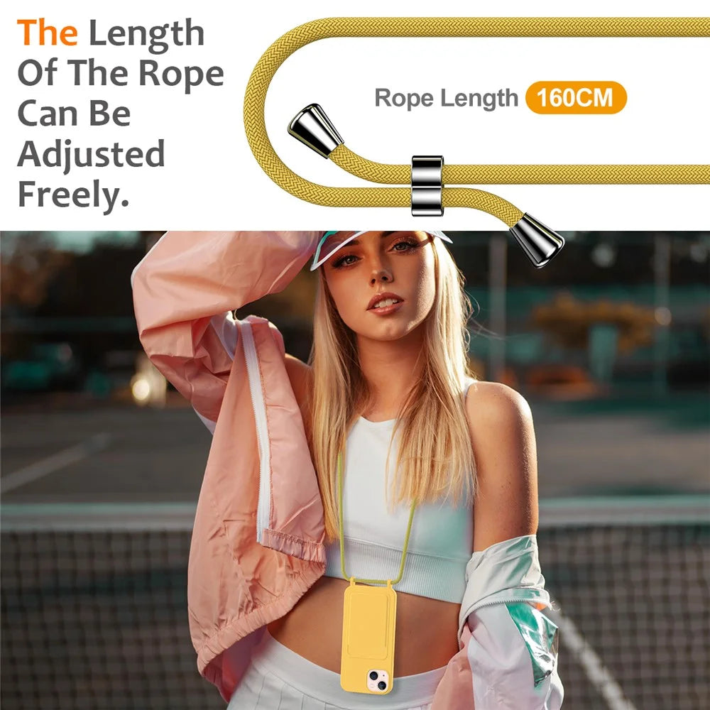 For iPhone 15 Case Card Slot Liquid Silicone Drop-resistant Phone Protector with Long Lanyard - Yellow - 2