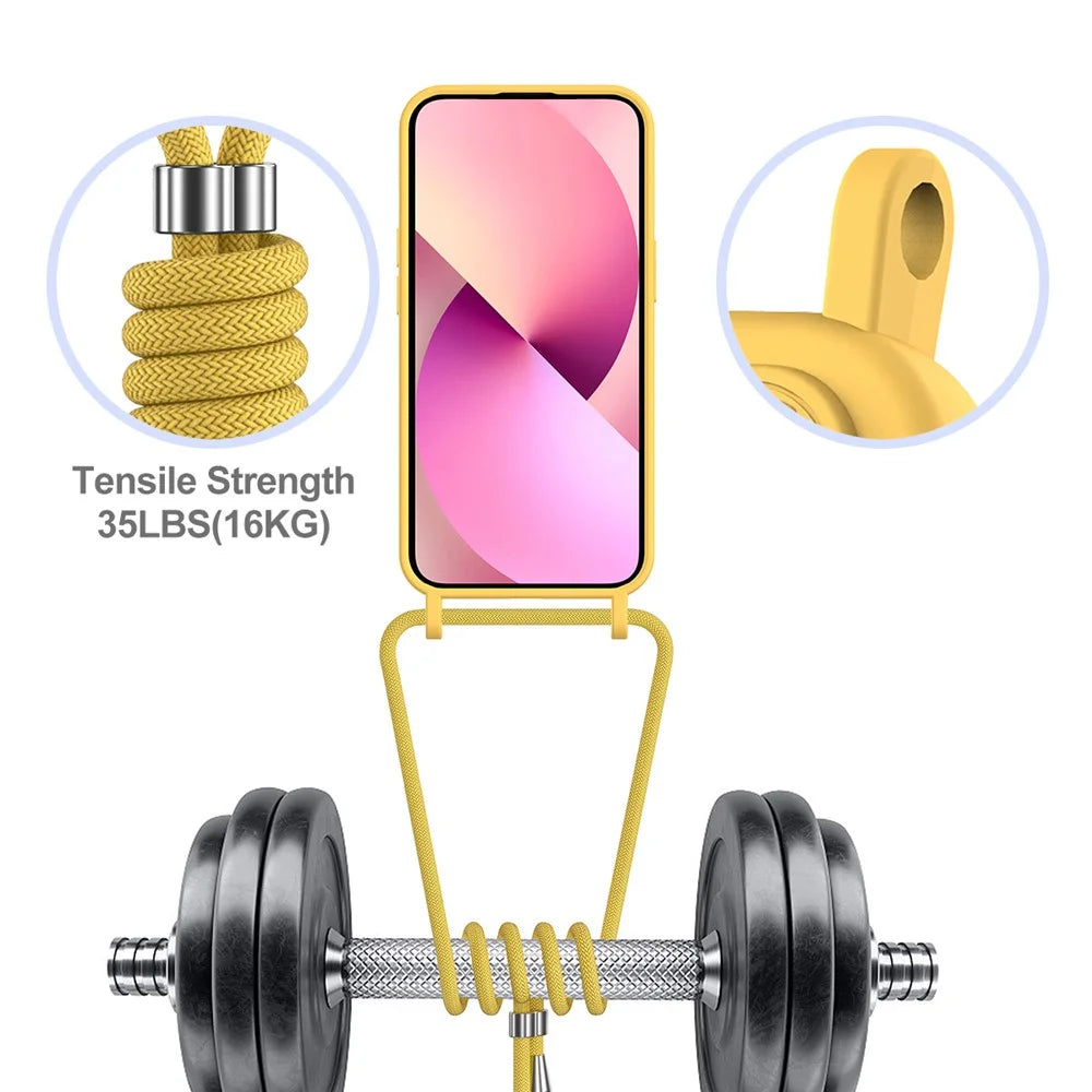 For iPhone 15 Case Card Slot Liquid Silicone Drop-resistant Phone Protector with Long Lanyard - Yellow - 4