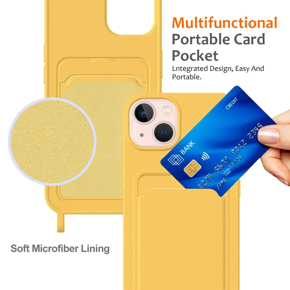 For iPhone 15 Case Card Slot Liquid Silicone Drop-resistant Phone Protector with Long Lanyard - Yellow - 5