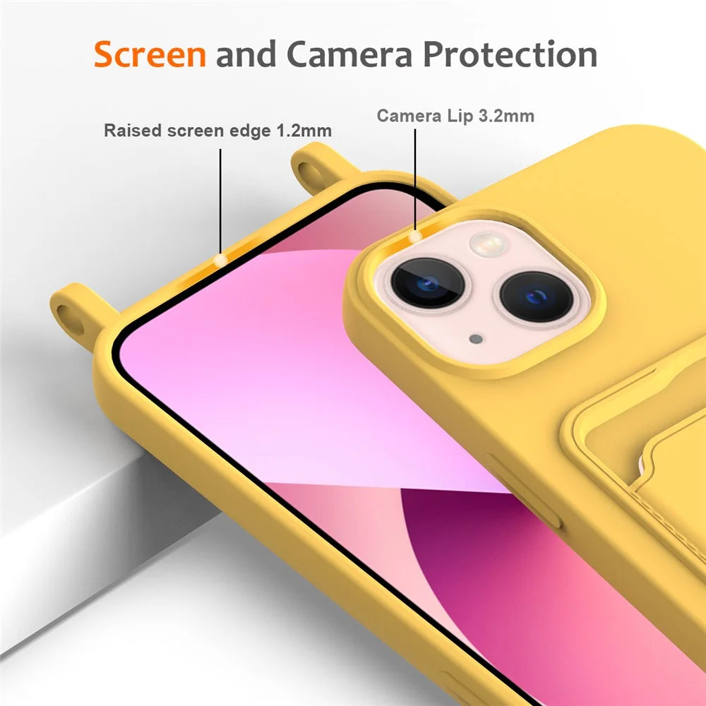For iPhone 15 Case Card Slot Liquid Silicone Drop-resistant Phone Protector with Long Lanyard - Yellow - 6