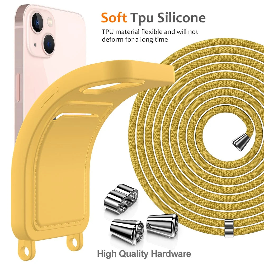 For iPhone 15 Case Card Slot Liquid Silicone Drop-resistant Phone Protector with Long Lanyard - Yellow - 7