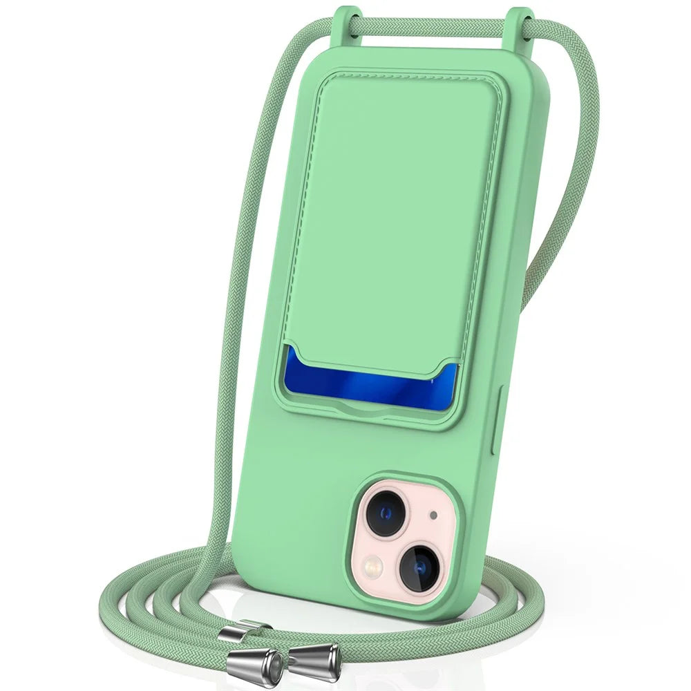 For iPhone 13 Case Liquid Silicone Back Card Holder Phone Cover with Neck Strap - Green - 1