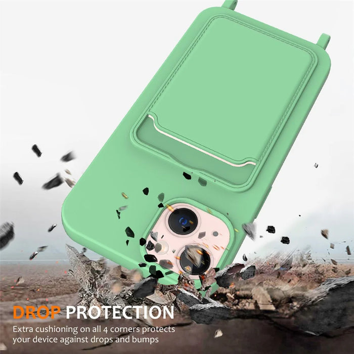 For iPhone 13 Case Liquid Silicone Back Card Holder Phone Cover with Neck Strap - Green - 3