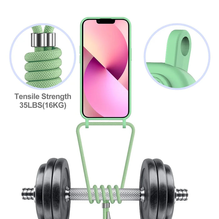 For iPhone 13 Case Liquid Silicone Back Card Holder Phone Cover with Neck Strap - Green - 4