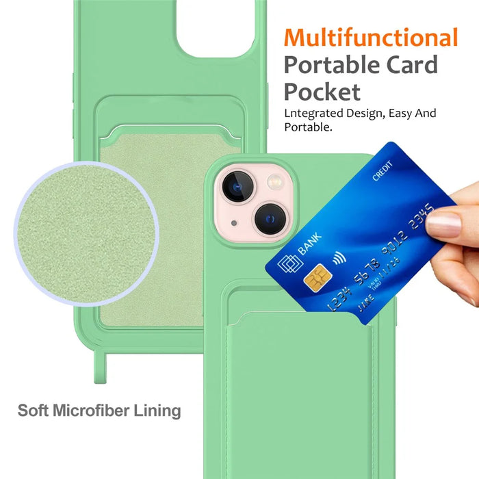For iPhone 13 Case Liquid Silicone Back Card Holder Phone Cover with Neck Strap - Green - 5