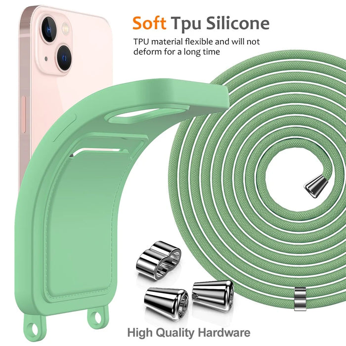 For iPhone 13 Case Liquid Silicone Back Card Holder Phone Cover with Neck Strap - Green - 7