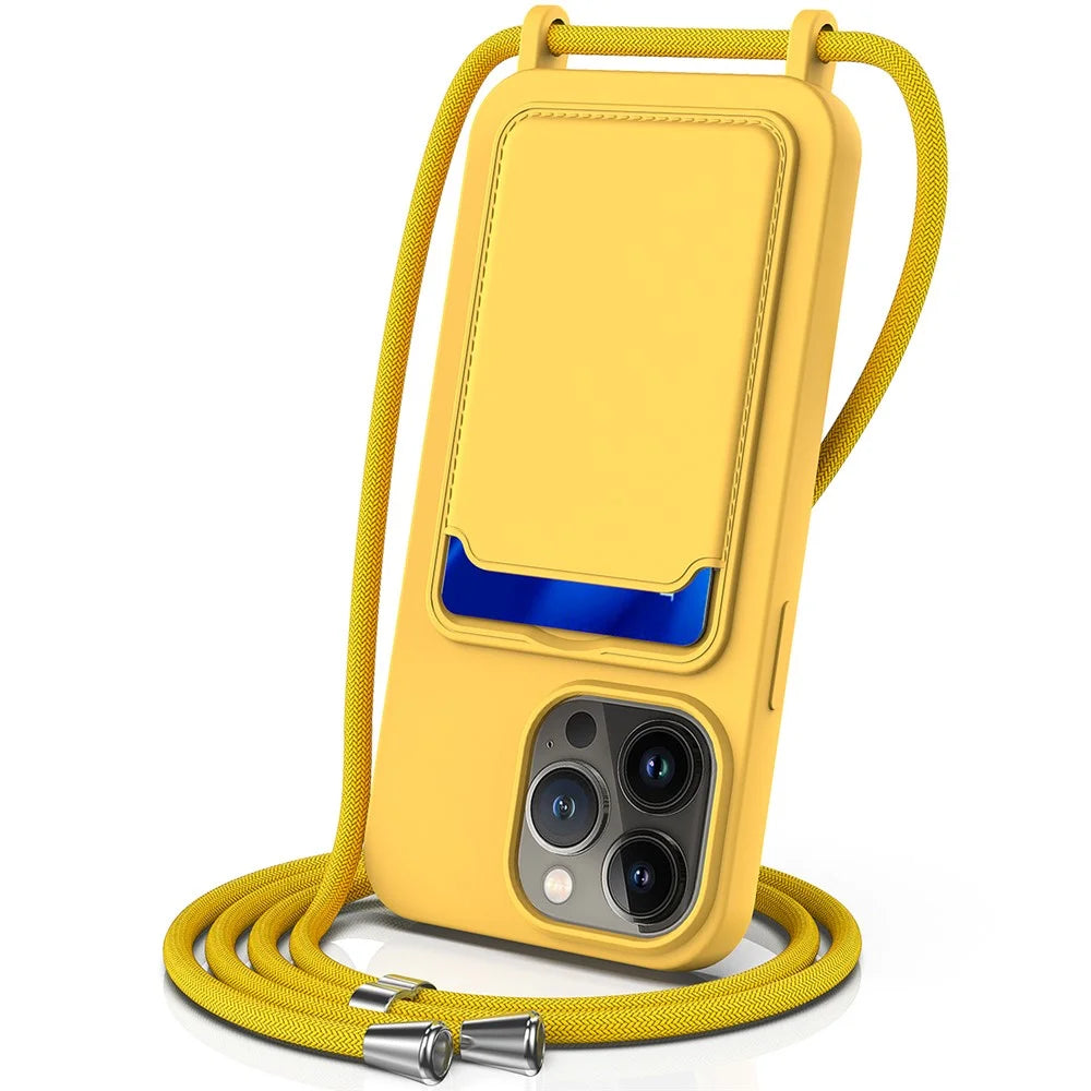 For iPhone 13 Pro Card Slot Case Liquid Silicone Phone Protector with Lanyard - Yellow - 1