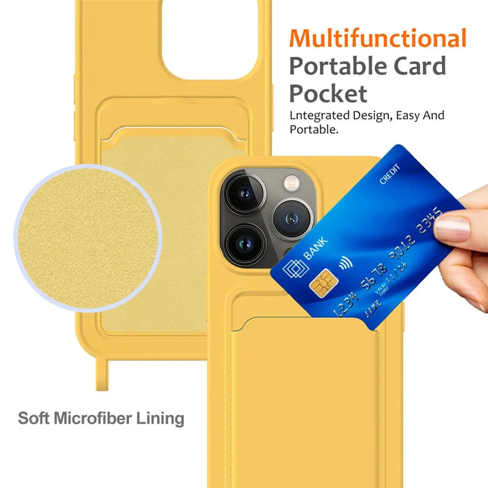 For iPhone 13 Pro Card Slot Case Liquid Silicone Phone Protector with Lanyard - Yellow - 5