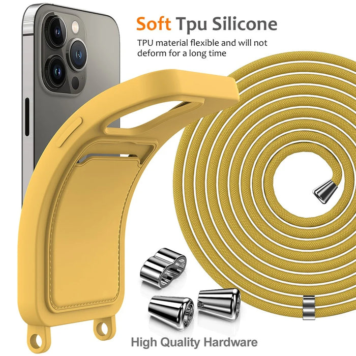 For iPhone 13 Pro Card Slot Case Liquid Silicone Phone Protector with Lanyard - Yellow - 7