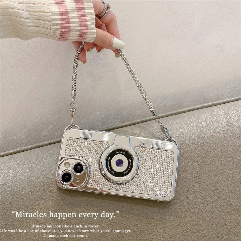 For iPhone 15 Cell Phone Case Camera Shaped Rhinestone Decor TPU Cover with Carrying Chain - 3