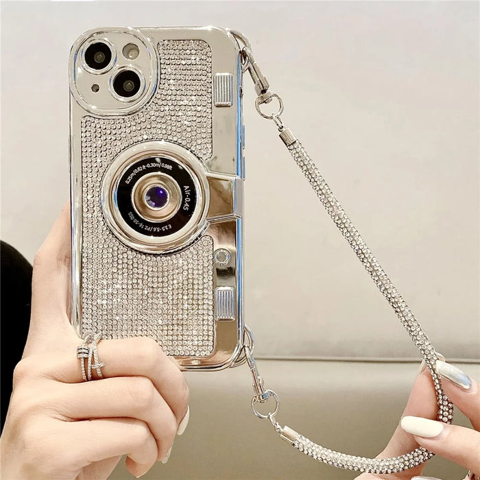 Phone Cases for iPhone 14 Glittery Rhinestone Camera Shaped TPU Phone Cover with Carrying Chain - 6