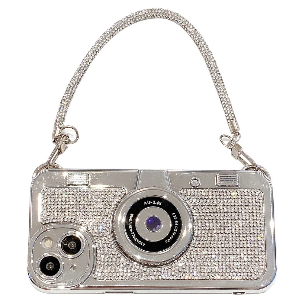 Phone Cases for iPhone 13 Rhinestone Decor Camera Shaped TPU Cover with Carrying Chain - 1