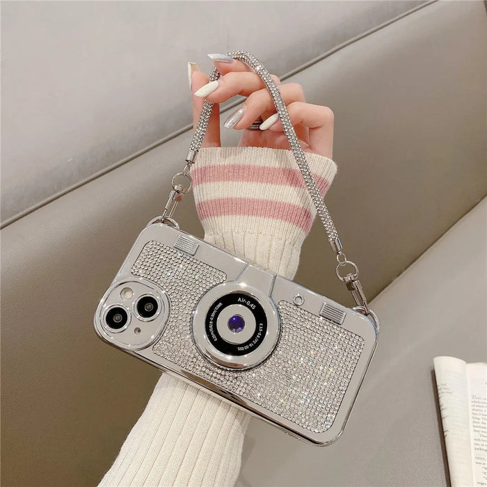 Phone Cases for iPhone 13 Rhinestone Decor Camera Shaped TPU Cover with Carrying Chain - 4