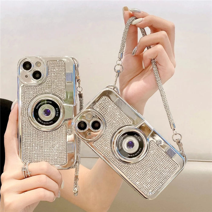 Phone Cases for iPhone 13 Rhinestone Decor Camera Shaped TPU Cover with Carrying Chain - 7