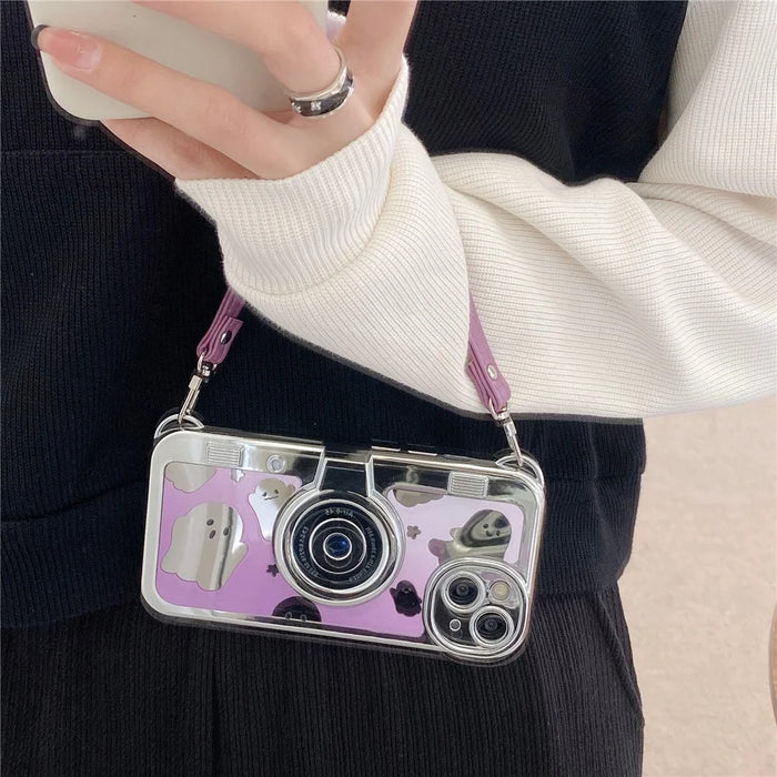 Mirror Surface Ghost TPU Case for iPhone 13 Phone Cover Camera Shaped Phone Shell with Handy Strap - 2
