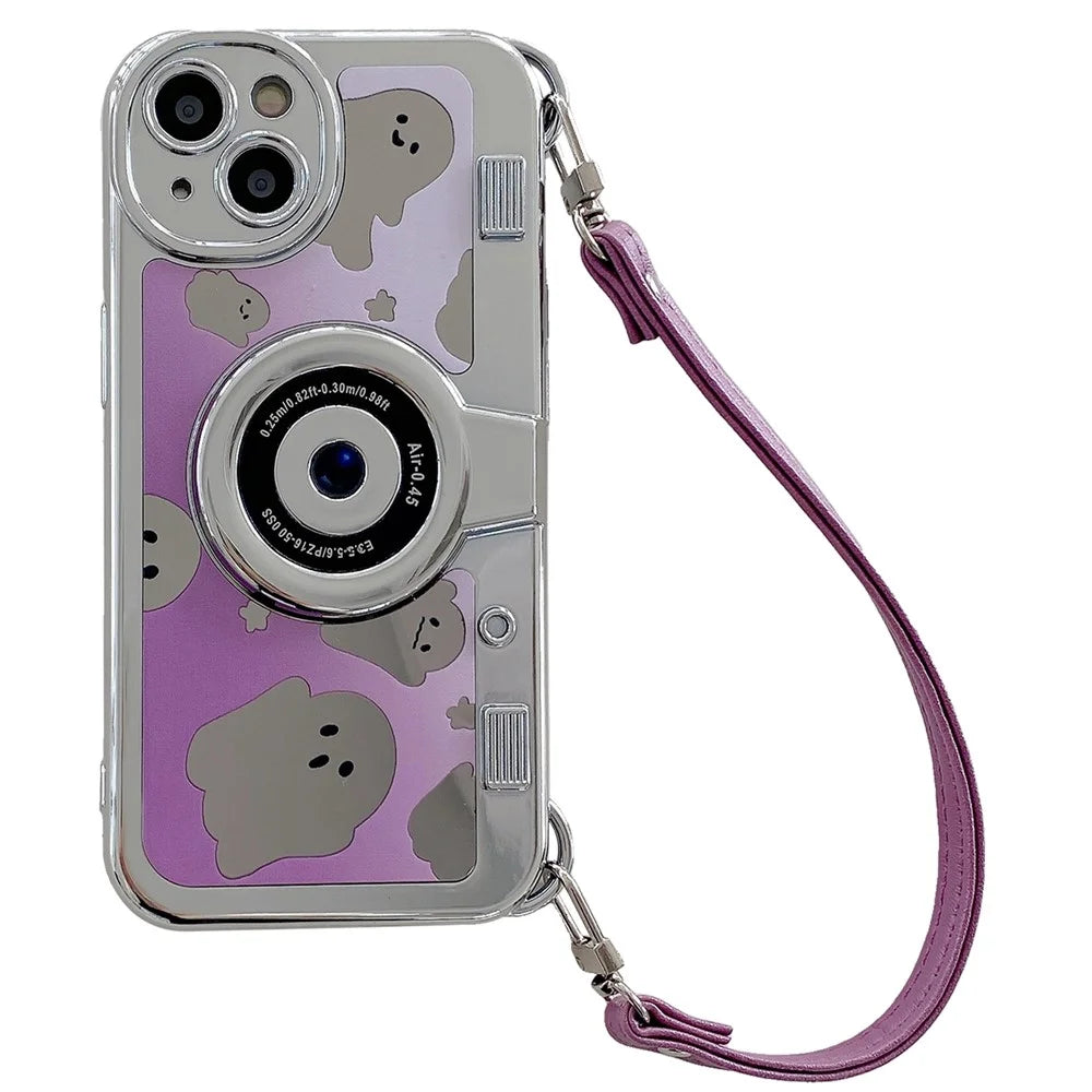 For iPhone 14 Plus Cover Mirror Effect Ghost Camera Design Anti-scratch TPU Phone Case with Strap - 1