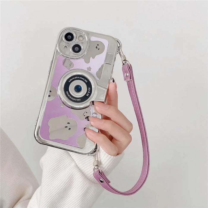 For iPhone 14 Plus Cover Mirror Effect Ghost Camera Design Anti-scratch TPU Phone Case with Strap - 5