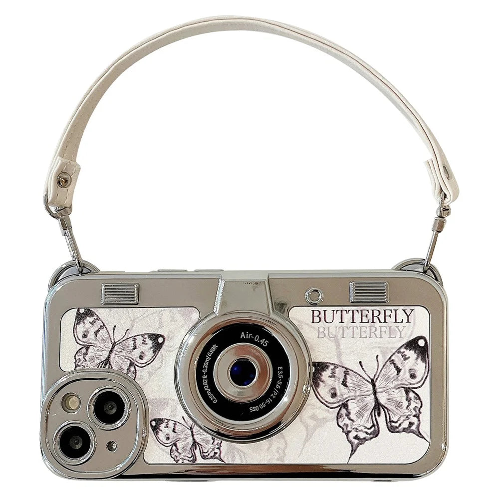 For iPhone 14 TPU Cover Electroplating Camera Design Butterfly Pattern Phone Case with Leather Strap - 1