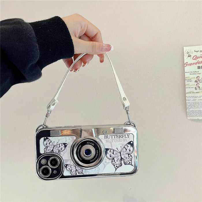 TPU Phone Cover for iPhone 13 Electroplating Phone Cases Camera Shaped Phone Shell with Leather Strap - 2