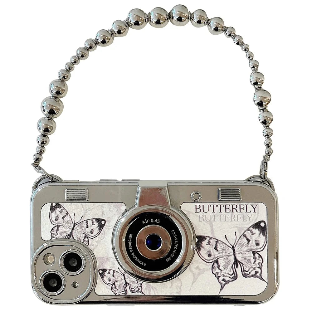 For iPhone 15 Cover Electroplated Camera Design Butterfly Pattern TPU Anti-drop Phone Case with Chain - 1