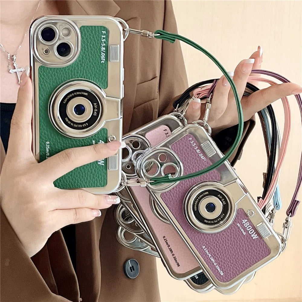 For iPhone 14 Cover Electroplated Leather+TPU Phone Shell with Strap Camera Shape - Green - 2
