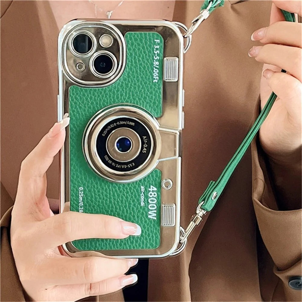 For iPhone 13   Phone Cases Electroplating PU Leather+TPU Phone Shell with Strap - Green - 1