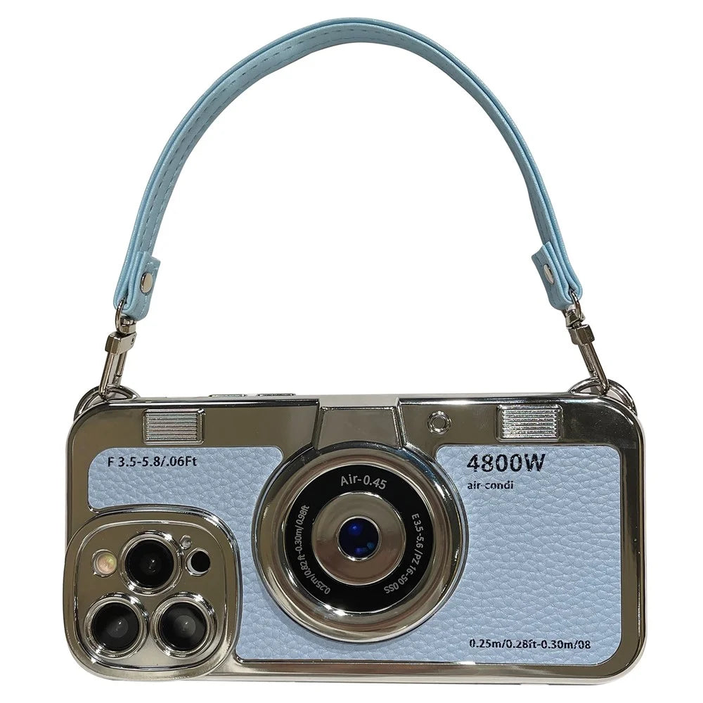 For iPhone 13 Pro Max 6.7 inch Case Camera Design Electroplated Leather+TPU Cover with Strap - Blue - 1