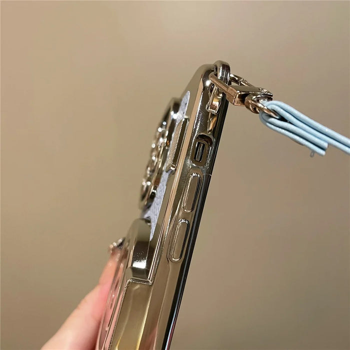 For iPhone 13 Pro Max 6.7 inch Case Camera Design Electroplated Leather+TPU Cover with Strap - Blue - 4