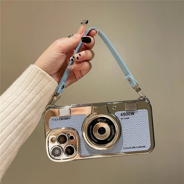 For iPhone 13 Pro Max 6.7 inch Case Camera Design Electroplated Leather+TPU Cover with Strap - Blue - 5