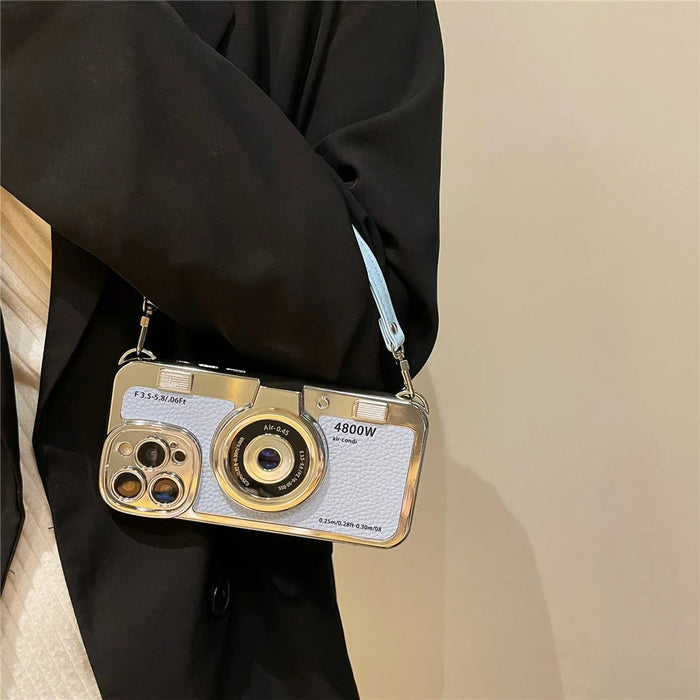 For iPhone 13 Pro Max 6.7 inch Case Camera Design Electroplated Leather+TPU Cover with Strap - Blue - 7