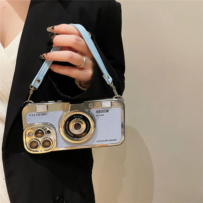 For iPhone 14 Pro Cases Electroplating Phone Cover with Wrist Strap Camera Shaped Design - Blue - 6