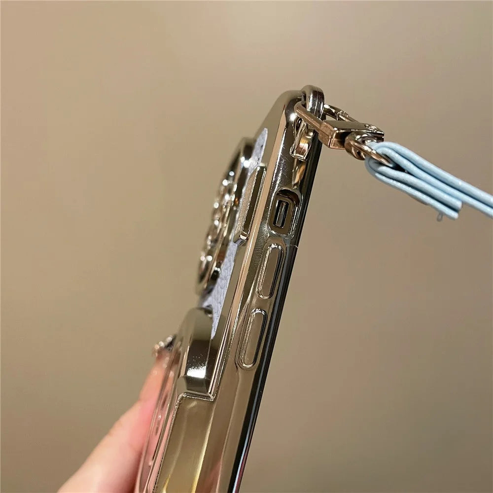 For iPhone 13 Pro Cases Camera Shaped Electroplating TPU   Phone Cover with Wrist Strap - Blue - 4
