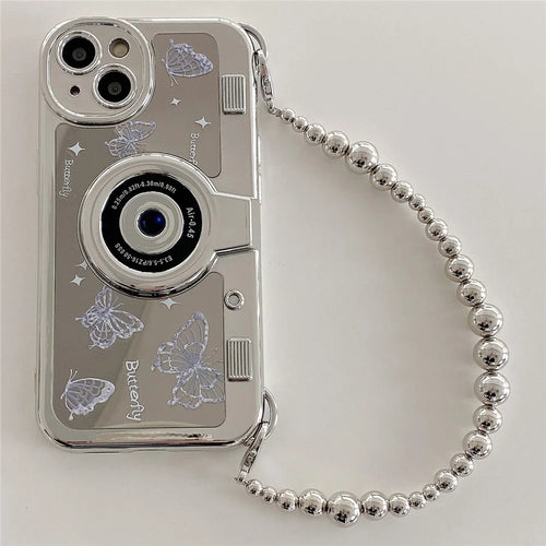 For iPhone 14 Plus   Cases Camera Shaped Electroplating TPU Phone Cover with Wrist Strap - Butterfly - 1