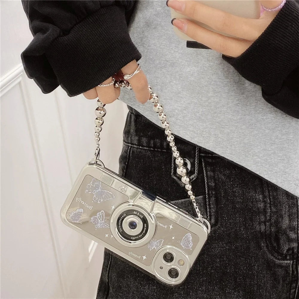 For iPhone 14 Plus   Cases Camera Shaped Electroplating TPU Phone Cover with Wrist Strap - Butterfly - 2