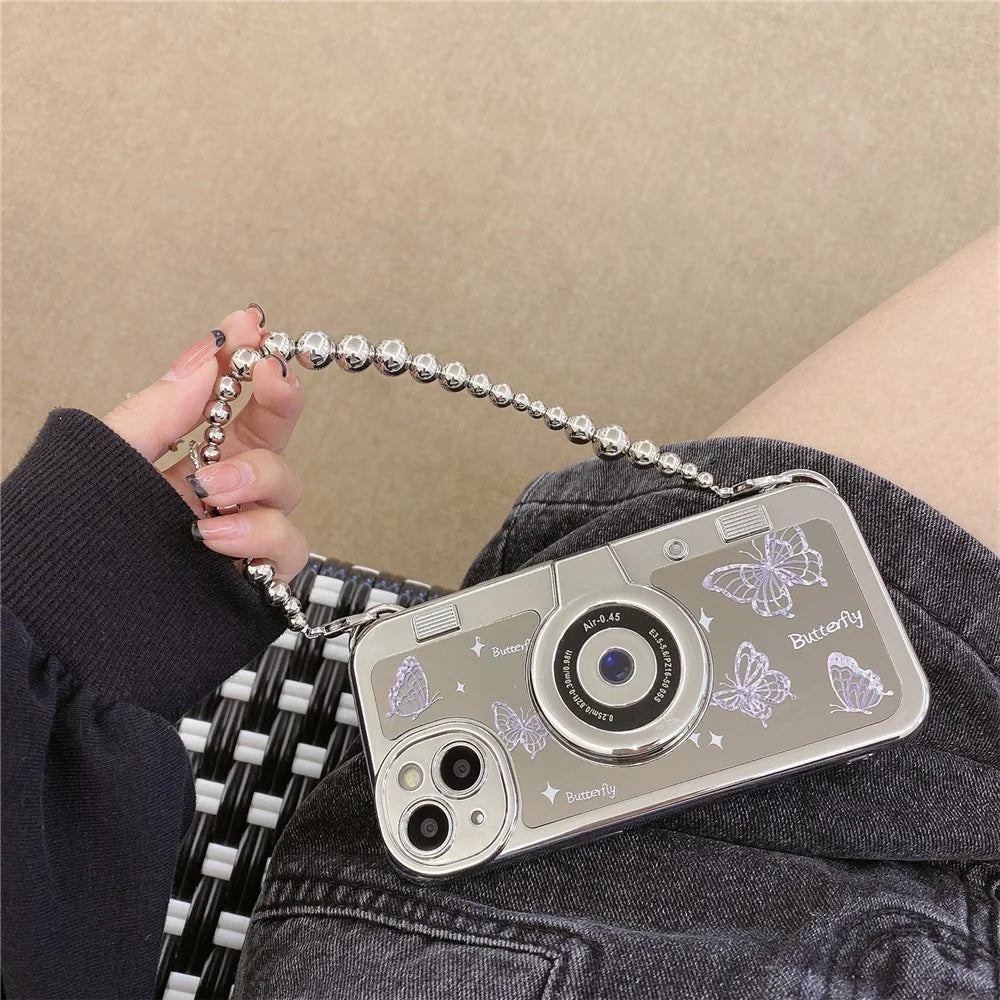 For iPhone 14 Plus   Cases Camera Shaped Electroplating TPU Phone Cover with Wrist Strap - Butterfly - 3