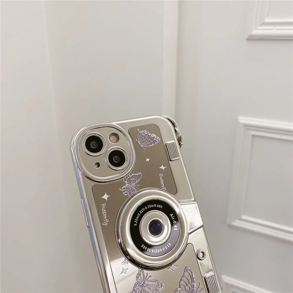 For iPhone 14 Plus   Cases Camera Shaped Electroplating TPU Phone Cover with Wrist Strap - Butterfly - 4