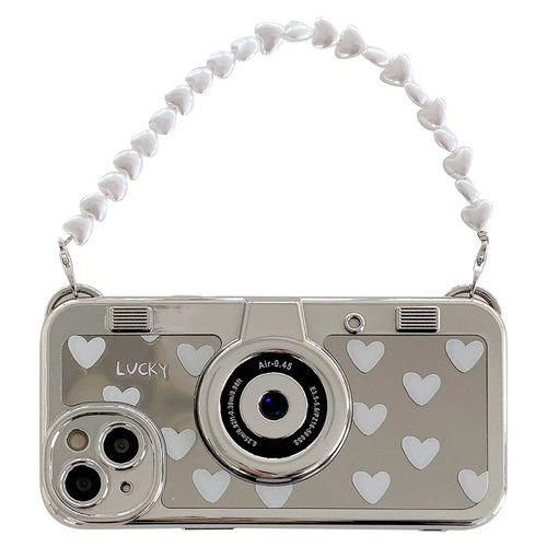 Camera Shaped TPU Cover for iPhone 14 Plus Mirror Surface Electroplating Phone Cases with Bead Strap - Heart - 1