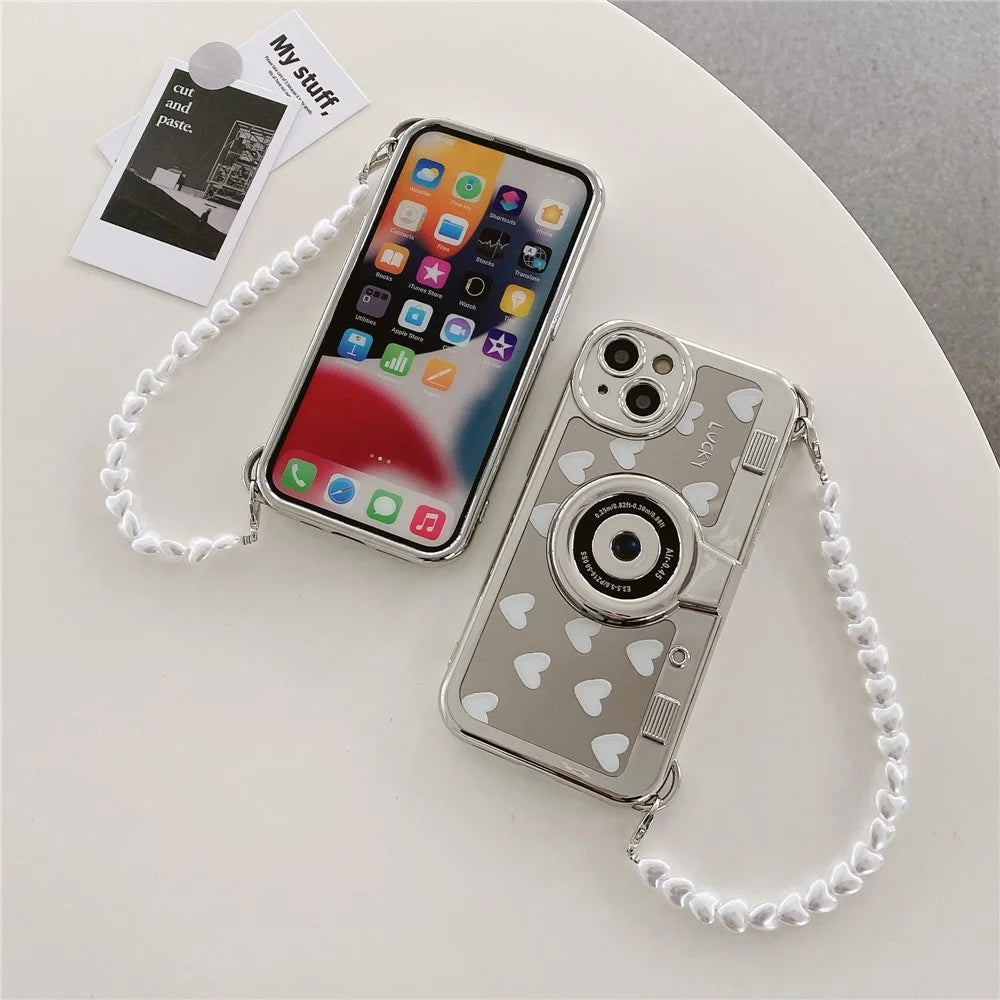 Camera Shaped TPU Cover for iPhone 14 Plus Mirror Surface Electroplating Phone Cases with Bead Strap - Heart - 3