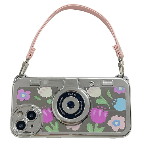 For iPhone 14 Plus Electroplating Cover Flower Pattern Camera Design TPU Phone Case with Tote Strap - Pink Flower - 1