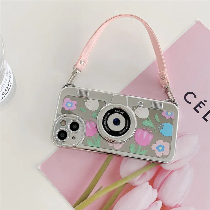 For iPhone 14 Plus Electroplating Cover Flower Pattern Camera Design TPU Phone Case with Tote Strap - Pink Flower - 3