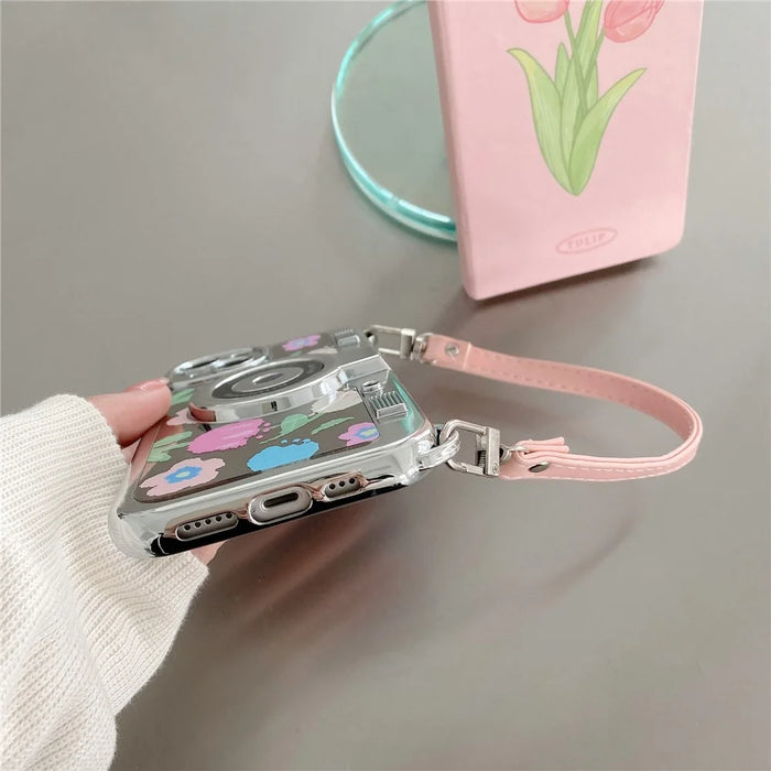 For iPhone 14 Plus Electroplating Cover Flower Pattern Camera Design TPU Phone Case with Tote Strap - Pink Flower - 6
