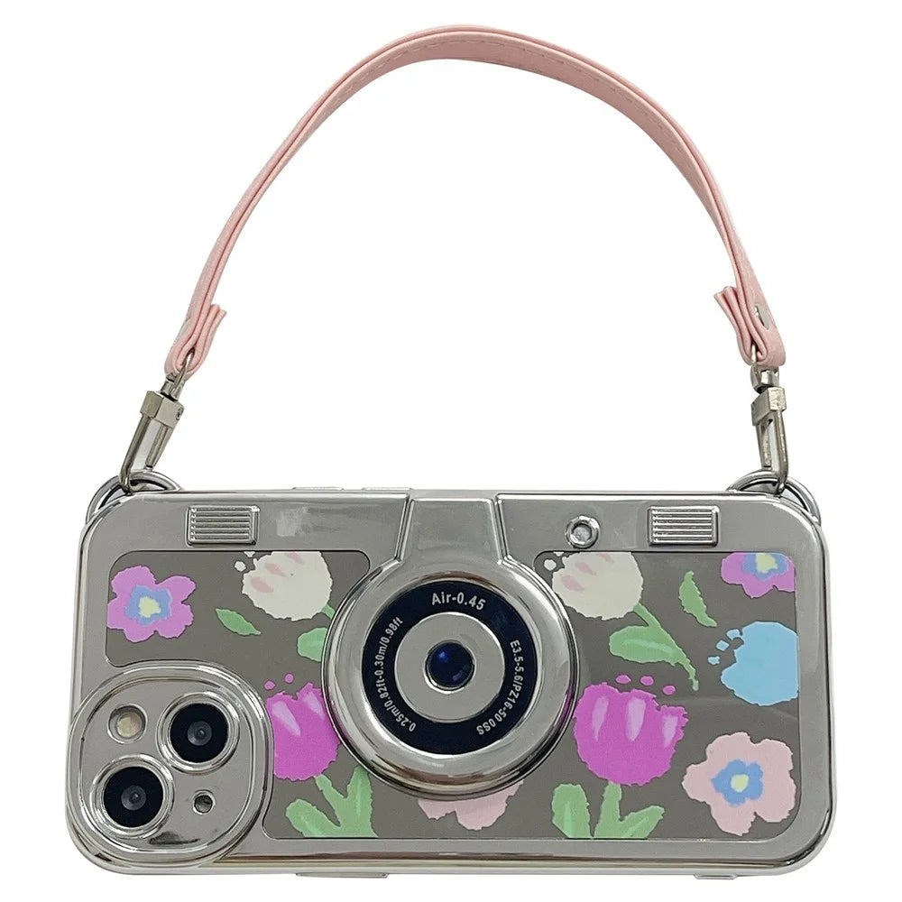 For iPhone 14 Cover Electroplating TPU Cell Phone Shell with Tote Strap Flower Pattern Camera Design - Pink Flower - 1