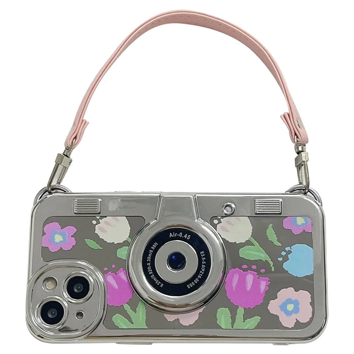 For iPhone 14 Cover Electroplating TPU Cell Phone Shell with Tote Strap Flower Pattern Camera Design - Pink Flower - 1