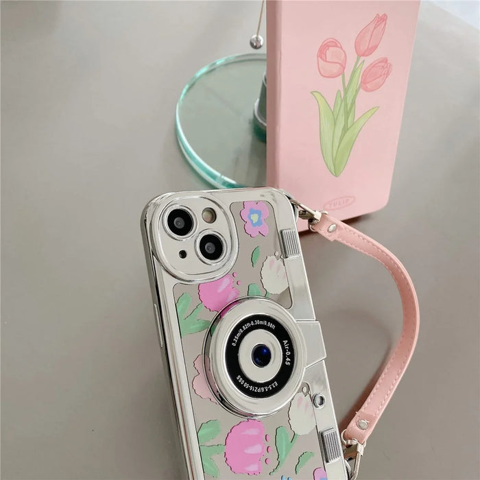 For iPhone 14 Cover Electroplating TPU Cell Phone Shell with Tote Strap Flower Pattern Camera Design - Pink Flower - 4