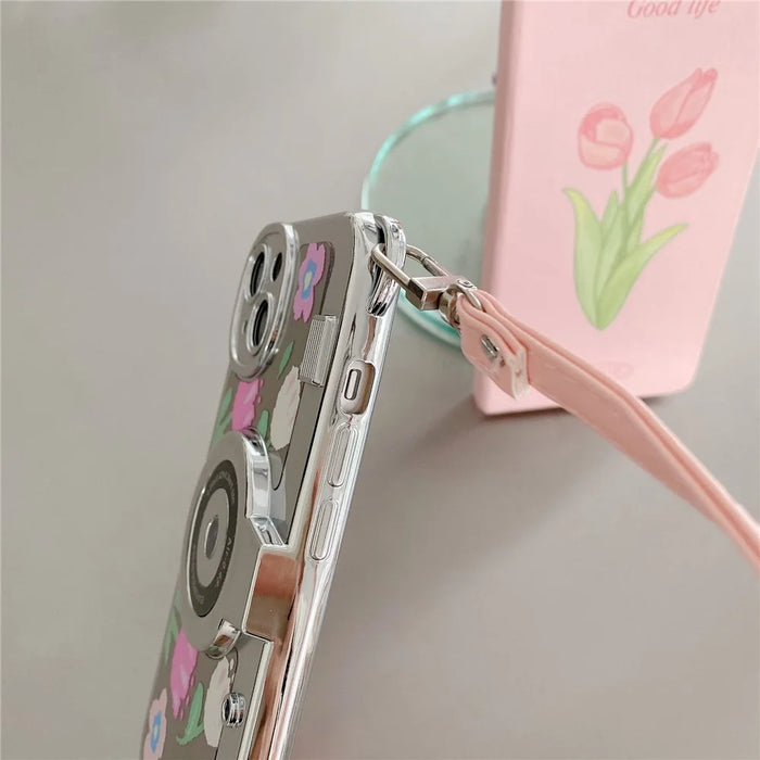 For iPhone 14 Cover Electroplating TPU Cell Phone Shell with Tote Strap Flower Pattern Camera Design - Pink Flower - 5