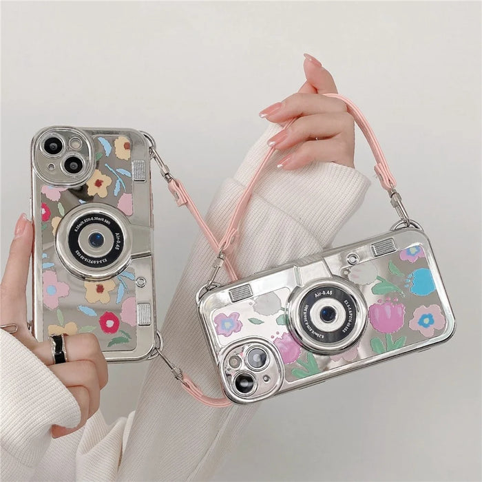 For iPhone 14 Cover Electroplating TPU Cell Phone Shell with Tote Strap Flower Pattern Camera Design - Pink Flower - 7