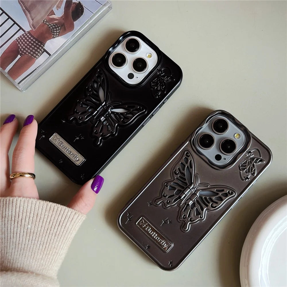 For iPhone 14 Pro Max Cases Butterfly Shaped PC Kickstand Cell Phone Shell Matte TPU Cover - Black - 6