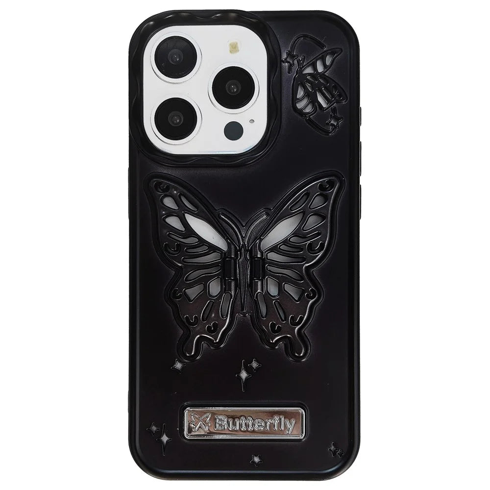For iPhone 13 Pro TPU Cover Matte Butterfly Design PC Kickstand Cell Phone Shell - Black - 1
