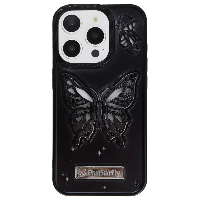 For iPhone 13 Pro TPU Cover Matte Butterfly Design PC Kickstand Cell Phone Shell - Black - 1