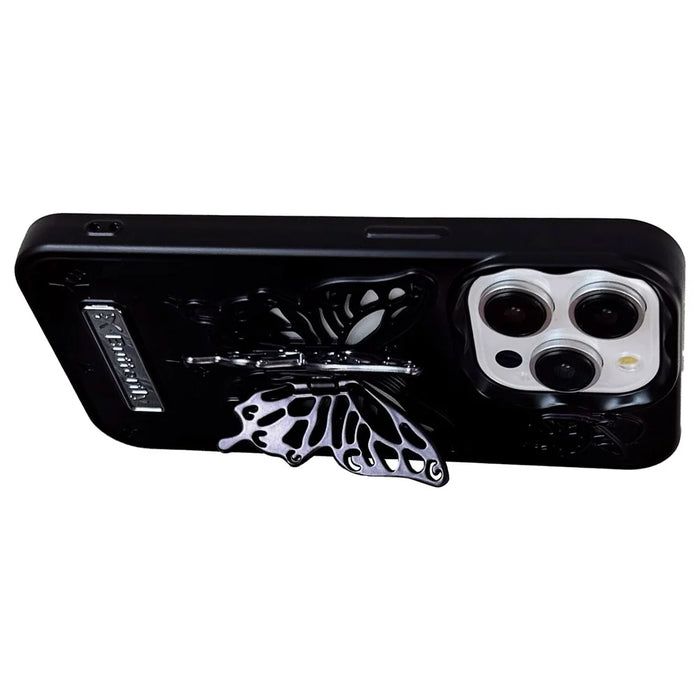 For iPhone 13 Pro TPU Cover Matte Butterfly Design PC Kickstand Cell Phone Shell - Black - 2
